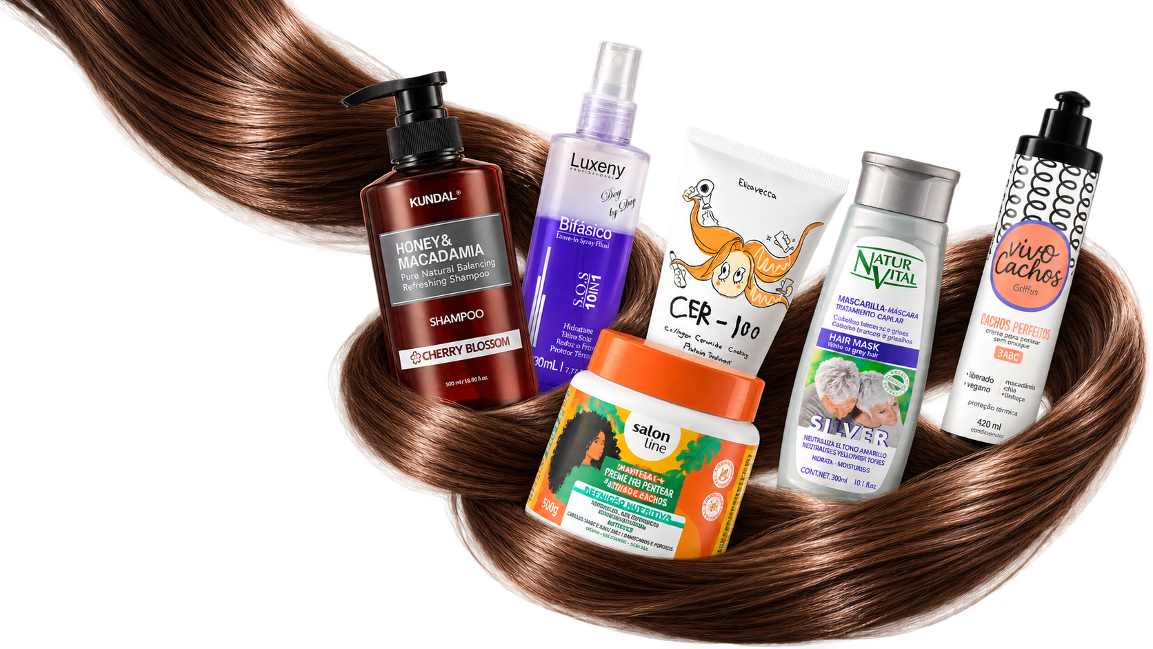 Productos de distintas marcas entrelazados con un mechón de cabello